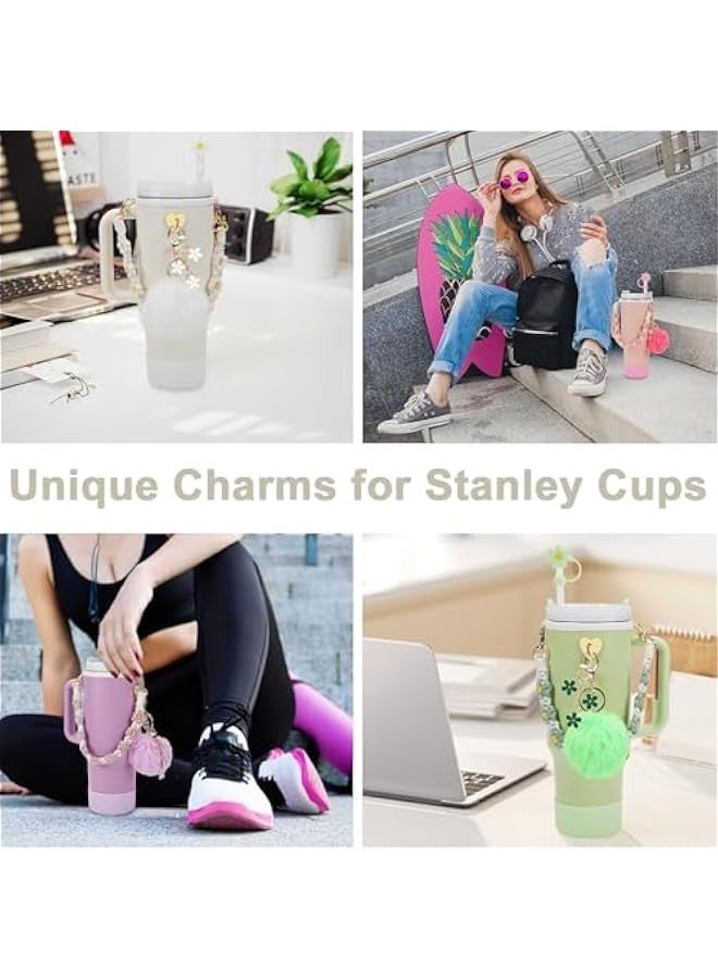 TRASSLE 7Pcs Stanley Cup Accessories Set, Including 1 Water Bottle Carry Strap, 1 Base Protector Boot, 1 Silicone Straw Sleeve, 1 Pom Ball, Daisy Keychain and Heart Shaped Hook for 40/30oz Tumbler  - Image 4
