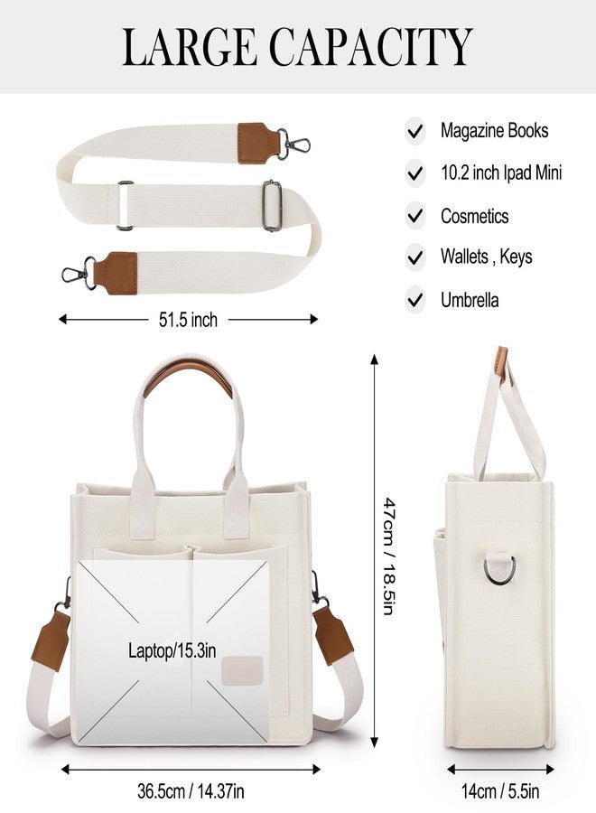 Mossio Large Canvas Tote Bag for Women with Pockets - Laptop Crossbody Work Tote Bag Everyday Bag Shoulder Purse Handbag, 01-beige, 14.37"L x 5.5"W x 18.5"H, Canvas Tote Bag - Image 2