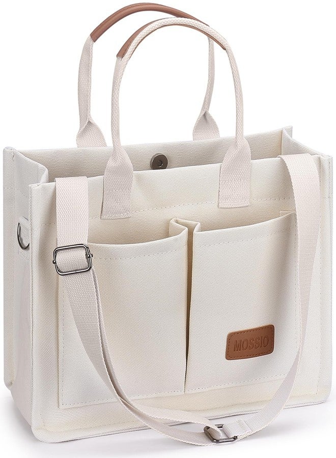 Mossio Large Canvas Tote Bag for Women with Pockets - Laptop Crossbody Work Tote Bag Everyday Bag Shoulder Purse Handbag, 01-beige, 14.37"L x 5.5"W x 18.5"H, Canvas Tote Bag - Image 1