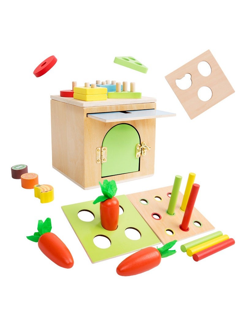 مكعب النشاط الخشبي 4 في 1 من مونتيسوري للأطفال الصغار، فرز الأشكال، إسقاط العملات، حصاد الجزر ولعبة دبابيس الألوان، صندوق التعلم للأطفال، اللعب الحسي الداخلي والخارجي، هدية تعليمية للأولاد والبنات - Image 1