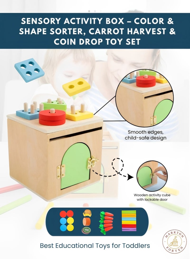مكعب النشاط الخشبي 4 في 1 من مونتيسوري للأطفال الصغار، فرز الأشكال، إسقاط العملات، حصاد الجزر ولعبة دبابيس الألوان، صندوق التعلم للأطفال، اللعب الحسي الداخلي والخارجي، هدية تعليمية للأولاد والبنات - Image 3