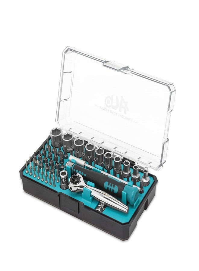 اتش بي طقم مفكات دقيقة ومقابس HB مكون من 62 قطعة AKM026-U، رأس دوار 90 سنًا، 1/4 بوصة، مفتاح ربط صغير، 270 درجة، مفكات أمان سريعة الفك وقابلة للعكس، مصنوعة من فولاذ الكروم الفاناديوم S2، حافظة محمولة، صنع في تايوان - Image 1