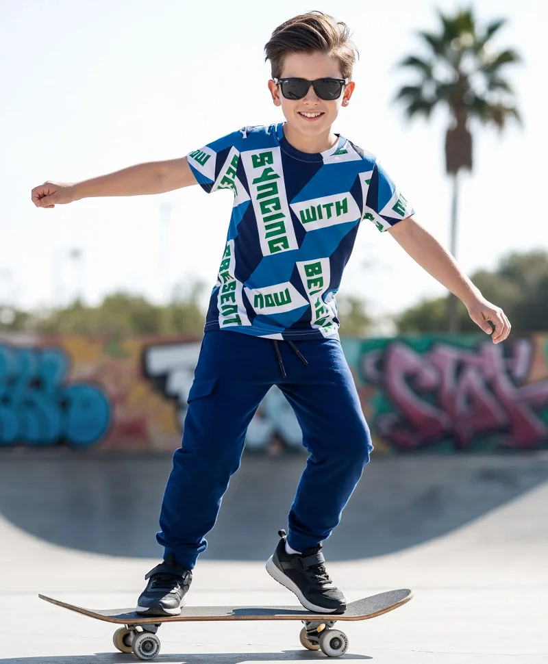 Ollington St. Ollington St. Cotton Knit Half Sleeves Printed T-Shirt & Knit Joggers Set - White & Navy Blue