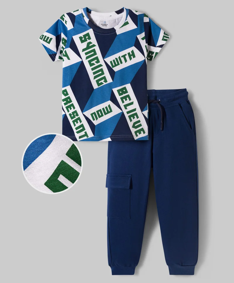 Ollington St. Ollington St. Cotton Knit Half Sleeves Printed T-Shirt & Knit Joggers Set - White & Navy Blue