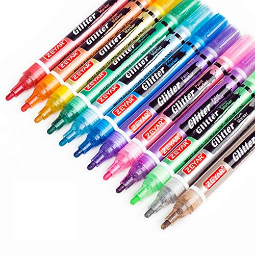 ZEYAR Glitter Paint Pens Waterbased Medium Point 12 Colors Great for Greeting Card Posters Albums Gift cards and ONLY LightColored Surfaces - Image 1