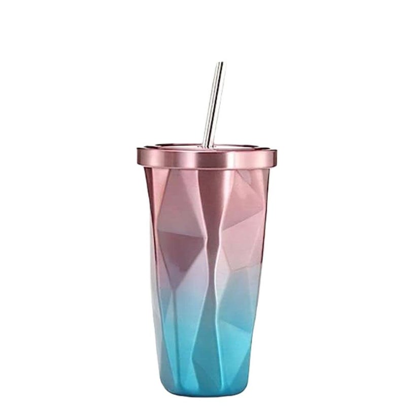 SILENCIO Travel Colorful Stainless Steel Tumbler with Straws Double Wall Vacuum Insulation Mug Tumbler with Spill Proof Sipper Cap for Travellers Office Purpose Camping Sports 550ml - Image 1