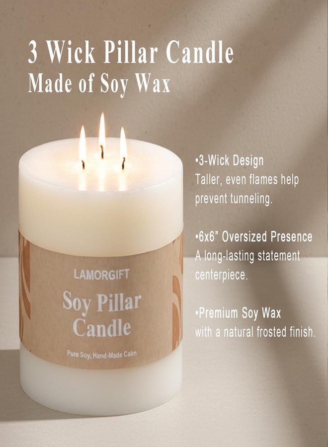 LAMORGIFT 3 Wick Soy Pillar Candle - 6x6” Extra Large Unscented White Pillar Candle, Hand-Poured Soy Wax Candle with Frosted Finish, Long Lasting Large Centerpiece Candle for Home Decor & Weddings - Image 2