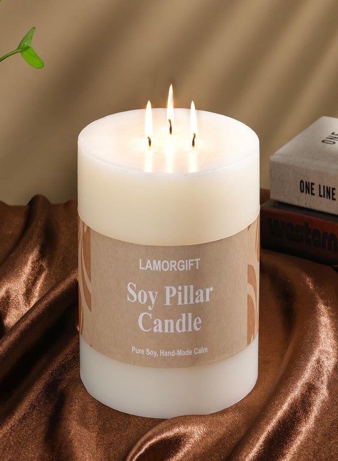 LAMORGIFT 3 Wick Soy Pillar Candle - 6x6” Extra Large Unscented White Pillar Candle, Hand-Poured Soy Wax Candle with Frosted Finish, Long Lasting Large Centerpiece Candle for Home Decor & Weddings - Image 1