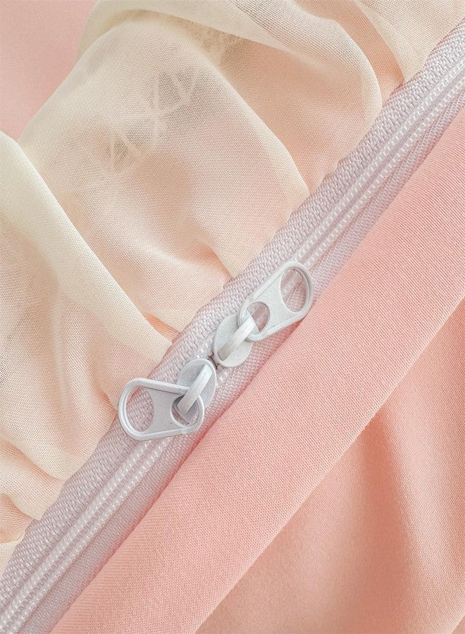 MOOWOO مجموعة أغطية سرير موو وو الوردية - مجموعة أغطية سرير مزينة بالدانتيل مع كشكش 3 قطع لحاف غطاء لحاف ملكي مع إغلاق بسحاب، ديكور غرفة كوكيت للفتيات - Image 5