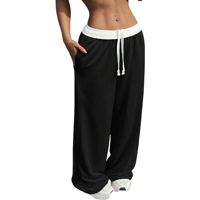 Cross-border color contrast drawstring womens wide-leg casual loose sports pants comfortable European and American personality street spring new women Black 