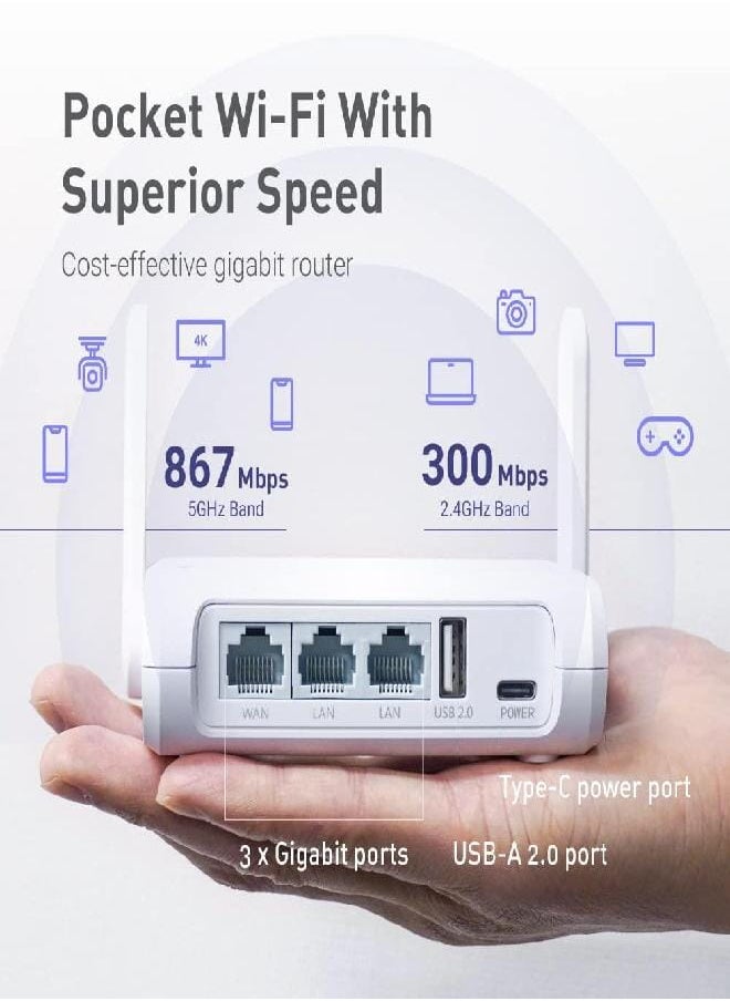 GL.iNet GL-SFT1200 (Opal) Secure Travel WiFi Router, AC1200 Dual Band Gigabit Ethernet Wireless Network, IPv6 USB 2.0, Repeater Bridge Access Point Mode, Router for Public Use, Easy Setup with Guide
