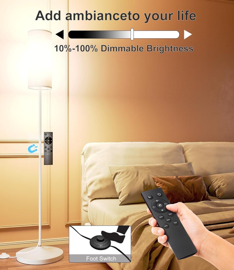 luckystyle LED Floor Lamp for Living Room, Dimmable Standing Lamps with Foot Switch,Remote Custom Color Temperature White Pole Lamp with Lampshade,12W Led Bulb Tall Lamps for Bedroom Office Kid Room - Image 2