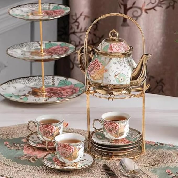 rayihni Porcelain Tea Set With Metal Holder European Ceramic Tea Set For Adults Flower Tea Set Tea Set With Flower Painting - Image 4