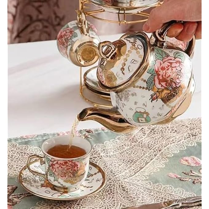 rayihni Porcelain Tea Set With Metal Holder European Ceramic Tea Set For Adults Flower Tea Set Tea Set With Flower Painting - Image 5