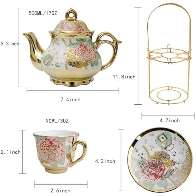 rayihni Porcelain Tea Set With Metal Holder European Ceramic Tea Set For Adults Flower Tea Set Tea Set With Flower Painting - Image 2