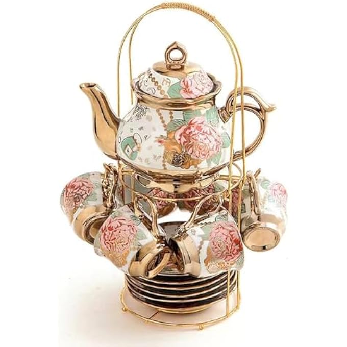 rayihni Porcelain Tea Set With Metal Holder European Ceramic Tea Set For Adults Flower Tea Set Tea Set With Flower Painting - Image 1