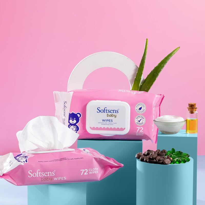 Softsens Baby Gentle Cloth Wipes for Baby Skin Enriched with Aloe Vera & Vitamin E I Dermatologically Tested & Parben Free with Lid - 72 wipes - Image 5