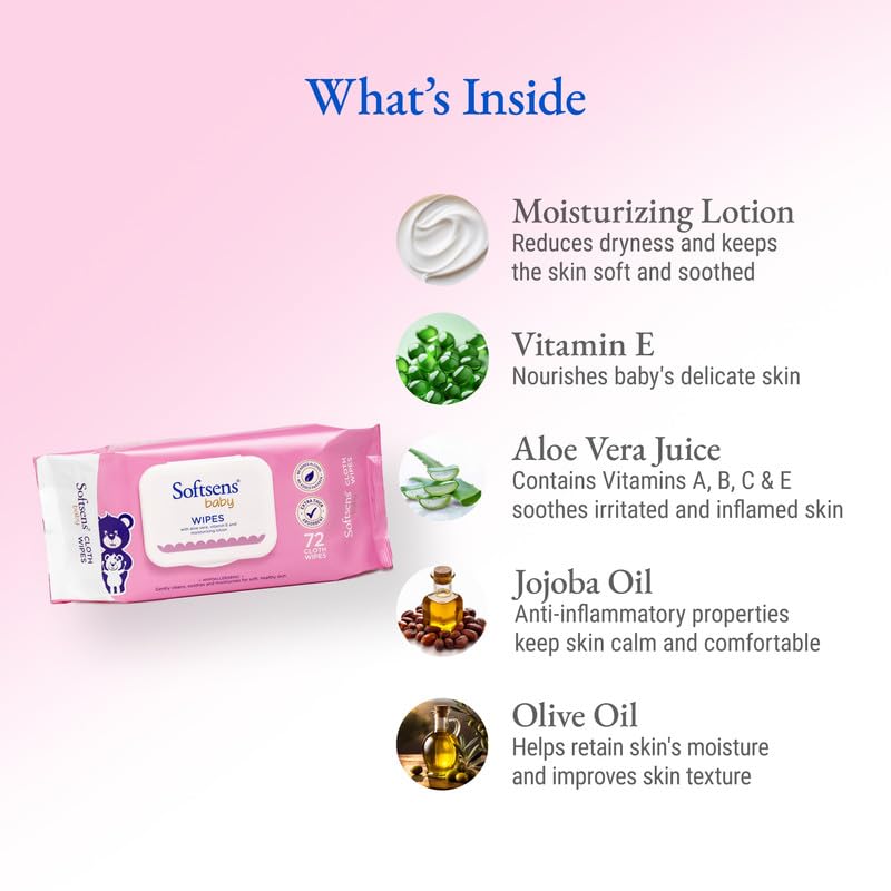 Softsens Baby Gentle Cloth Wipes for Baby Skin Enriched with Aloe Vera & Vitamin E I Dermatologically Tested & Parben Free with Lid - 72 wipes - Image 2