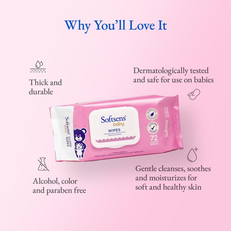 Softsens Baby Gentle Cloth Wipes for Baby Skin Enriched with Aloe Vera & Vitamin E I Dermatologically Tested & Parben Free with Lid - 72 wipes - Image 3