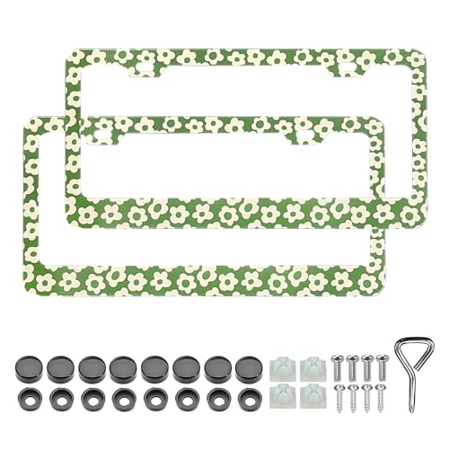 LIN KANG Cute Daisy Flower License Plate Frame 2 Pack Floral Car License Plate Frame Aluminum Metal License Plate Holder Covers Car Decorative Tag Frames with Screw Caps Set for Women - Image 1
