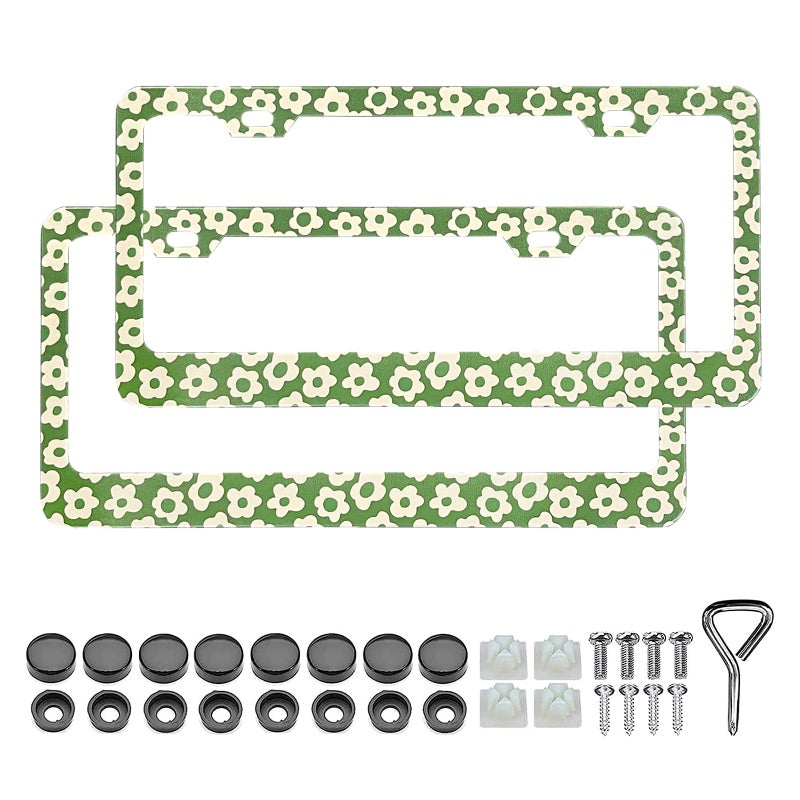 LIN KANG Cute Daisy Flower License Plate Frame 2 Pack Floral Car License Plate Frame Aluminum Metal License Plate Holder Covers Car Decorative Tag Frames with Screw Caps Set for Women - Image 3