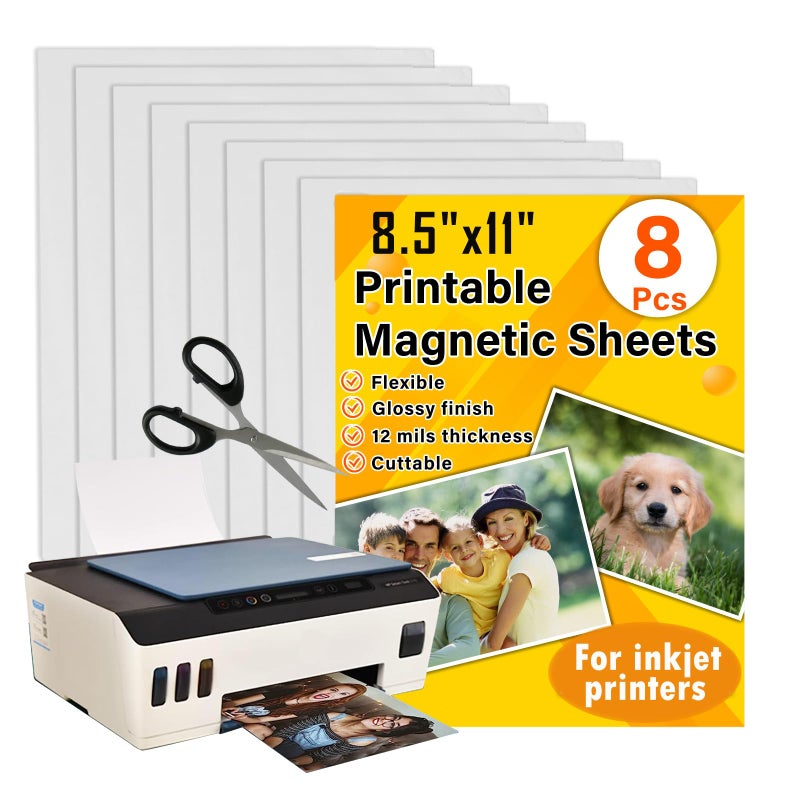 Towjug Printable Magnetic Sheets 8.5x11 Inches for Inkjet Printers, 8 Sheets Glossy Print Paper Non-Adhesive Backing, 12mil Thickness DIY Flexible Magnet Photos - Image 1