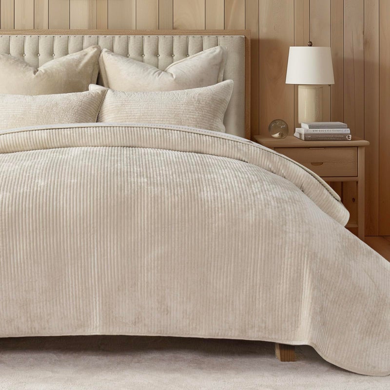EVERGRACE Velvet Quilt Set Queen Size, Luxurious Soft Quilted Bedding Sets, Lightweight Velvet Comforter for All Season, Striped Channel Bedspread Coverlet with 2 Shams, Light Sand - Image 1