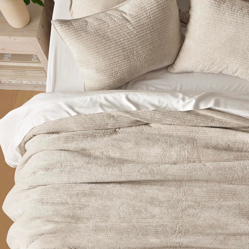 EVERGRACE Velvet Quilt Set Queen Size, Luxurious Soft Quilted Bedding Sets, Lightweight Velvet Comforter for All Season, Striped Channel Bedspread Coverlet with 2 Shams, Light Sand - Image 4