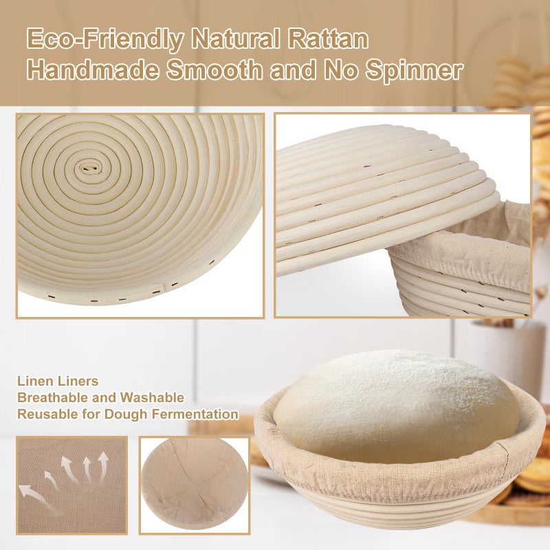 TNELTUEB مجموعة سلال تخمير الخبز TNELTUEB، تشمل سلة دائرية 10 بوصات وسلة بيضاوية 9.6 بوصات من الخوص، خفاقة العجين، مكشطة، شفرة، قماش - طبيعي - Image 3