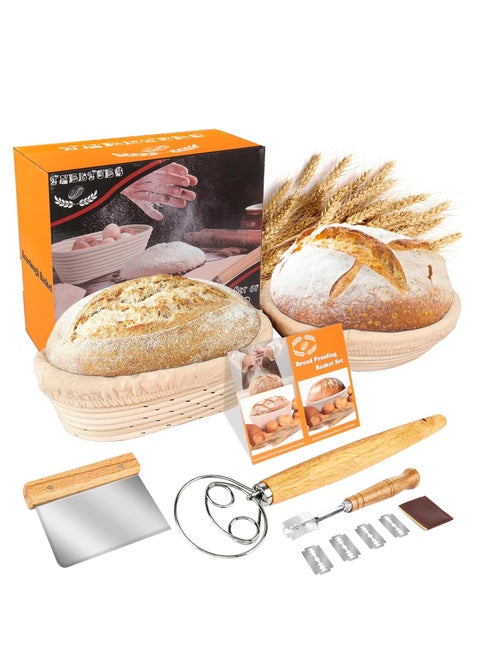 TNELTUEB Bread Proofing Basket Set, Incl 10'' Round & 9.6'' Oval Rattan Banneton, Dough Whisk, Scraper, Lame, Linen - Natural