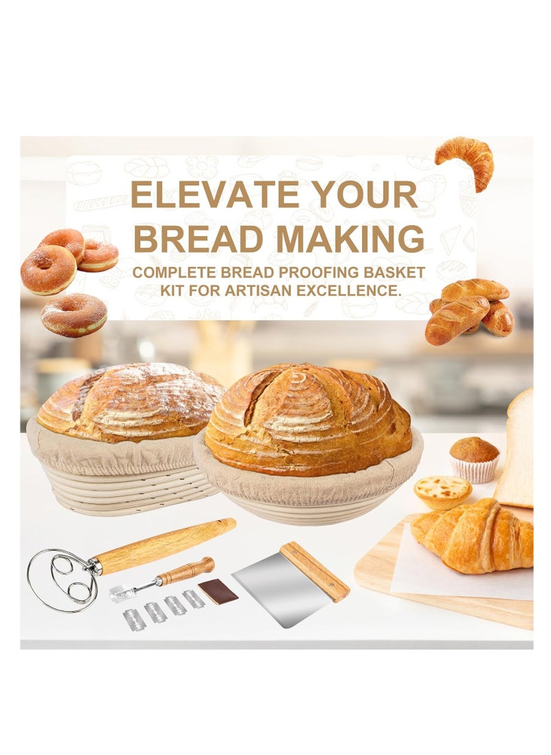 TNELTUEB - TNELTUEB Bread Proofing Basket Set, Incl 10'' Round & 9.6'' Oval Rattan Banneton, Dough Whisk, Scraper, Lame, Linen - Natural - Image 1