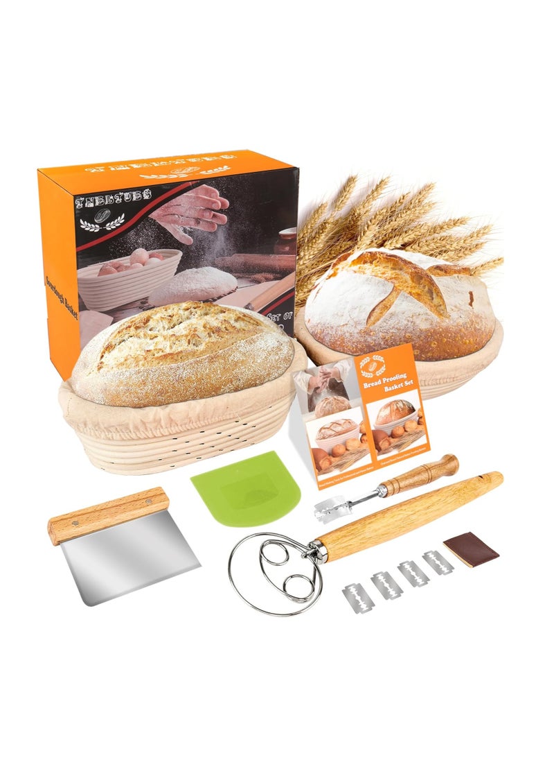 TNELTUEB - TNELTUEB Bread Proofing Basket Set, Incl 10'' Round & 9.6'' Oval Rattan Banneton, Dough Whisk, Scraper, Lame, Linen - Natural - Image 1