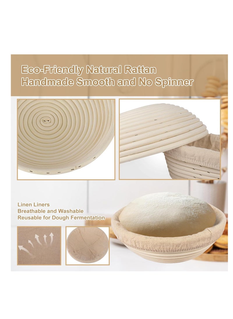 TNELTUEB - TNELTUEB Bread Proofing Basket Set, Incl 10'' Round & 9.6'' Oval Rattan Banneton, Dough Whisk, Scraper, Lame, Linen - Natural - Image 1