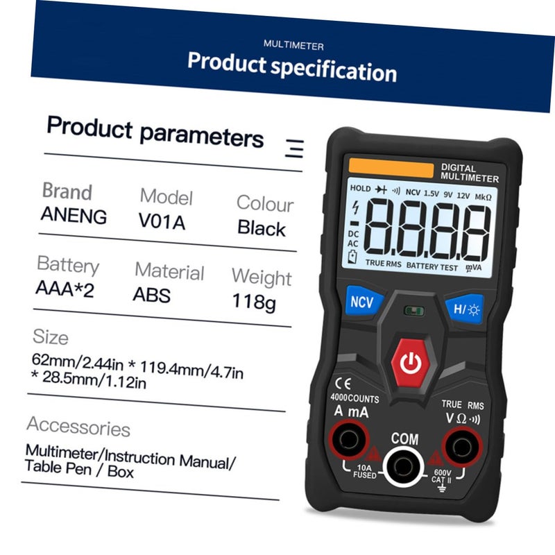 Auto Ranging Digital Multimeter With Backlight Data Hold For AC DC Voltage Resistance Capacitance Measurement Black - Image 4