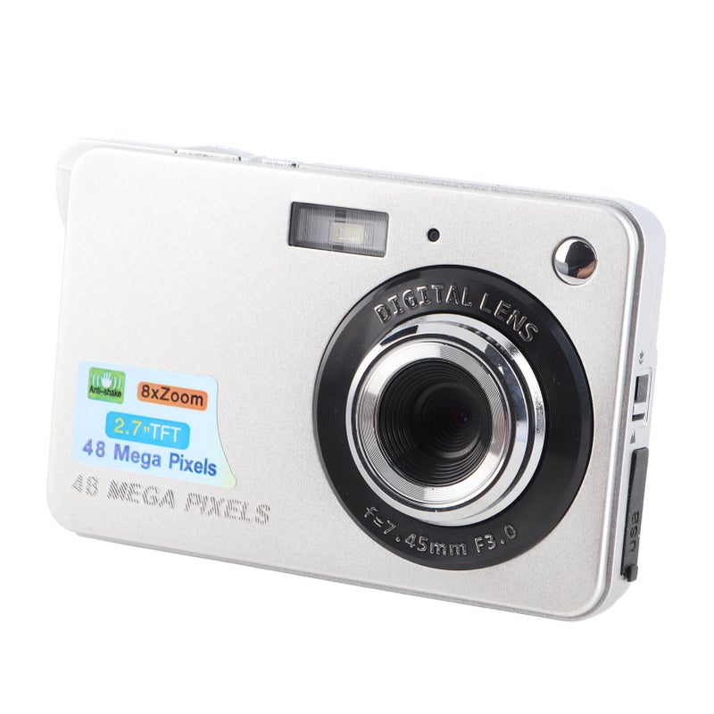 Digital Camera for Teens 48MP HD 2.7 Inch TFT Screen 8X Zoom Autofocus Anti Shake Pocket Compact Camera for Travel Photography Vlog Silver - Image 1