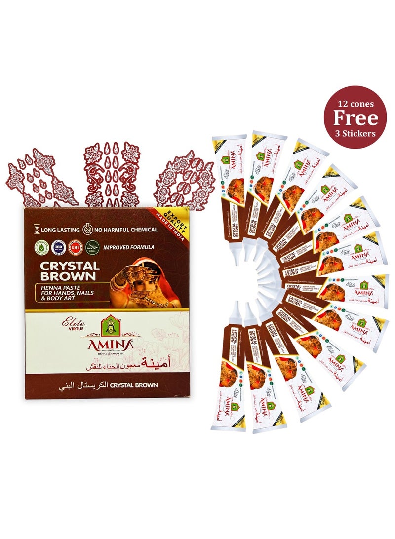 Amina Instant Henna Paste Mehendi Tube Cone | With Free Set of 3 Full Hand Stickers/Stencils | Without Chemicals | Long Lasting | Pack of 12 Pieces x 35 Gms Each | Brown Color - Image 1