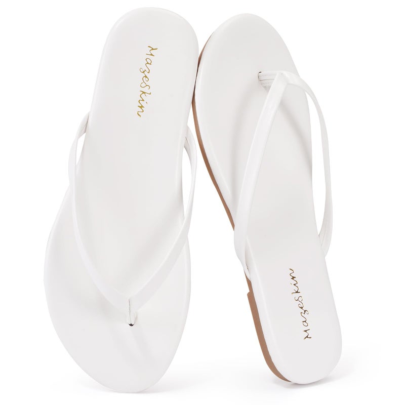 mazeskin Women's Memory Foam Comfortable Flat Thong Sandals Dressy Summer Beach Leather Slide Flip Flops,White US8 - Image 1