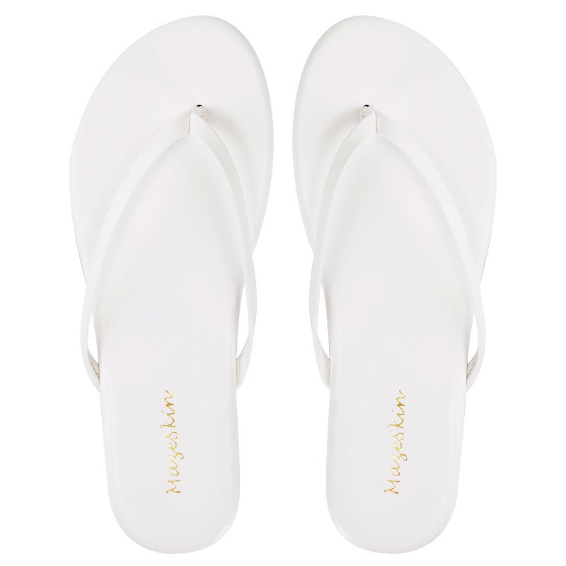 mazeskin Women's Memory Foam Comfortable Flat Thong Sandals Dressy Summer Beach Leather Slide Flip Flops,White US8 - Image 5