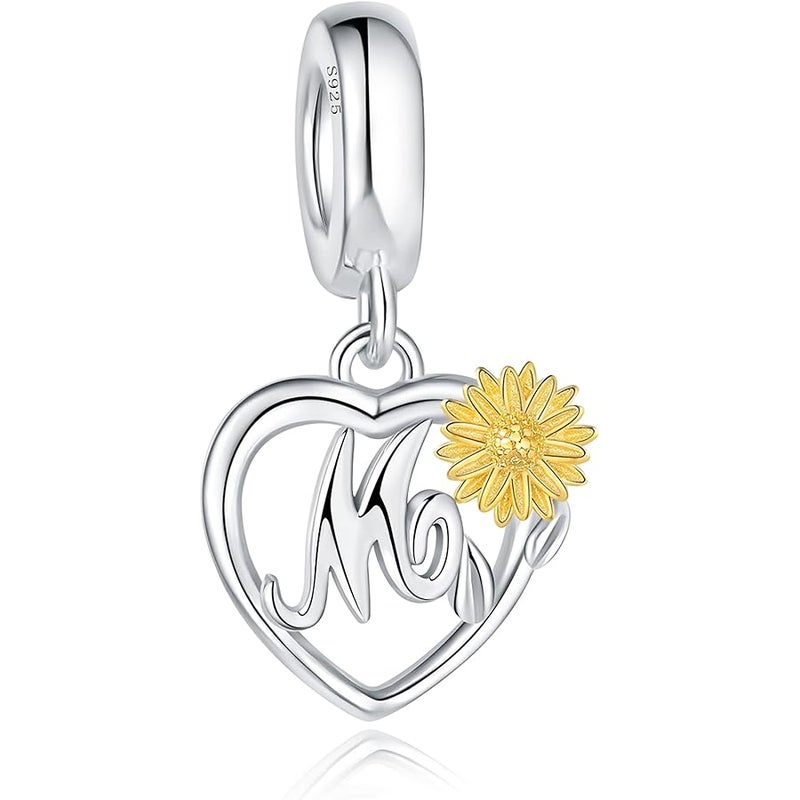 925 Sterling Silver Sunflower Pendant Letter Charms A~Z Alphabet Charm Letter Beads fit Pandora Bracelets fit Wife Daughter Mom Christmas Birthday Gift - Image 1