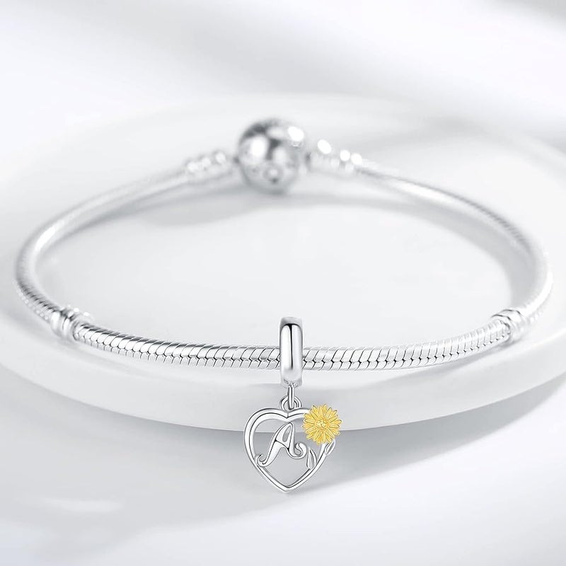 925 Sterling Silver Sunflower Pendant Letter Charms A~Z Alphabet Charm Letter Beads fit Pandora Bracelets fit Wife Daughter Mom Christmas Birthday Gift - Image 5