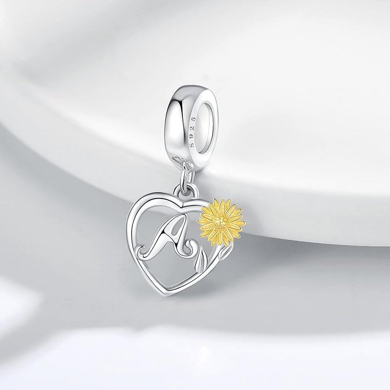 925 Sterling Silver Sunflower Pendant Letter Charms A~Z Alphabet Charm Letter Beads fit Pandora Bracelets fit Wife Daughter Mom Christmas Birthday Gift - Image 4