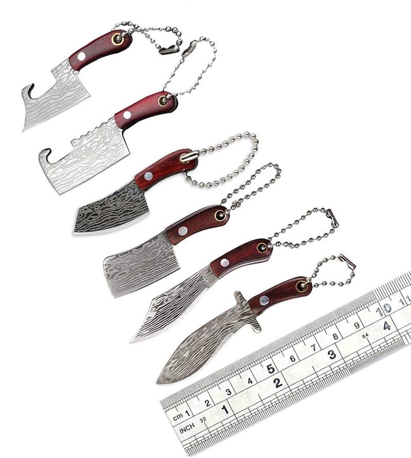 HAOXU Damascus Pocket Knife Set Mini Chef Knife with Sheath, Tiny Knife EDC Knives Small Knife Cleaver, Package Opener, Box Cutter Bottle Opener Keychain Tiny Things with Pocket Knife Sharpener - Set of 7 - Image 2