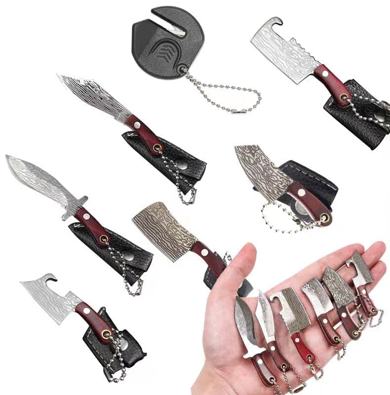 HAOXU Damascus Pocket Knife Set Mini Chef Knife with Sheath, Tiny Knife EDC Knives Small Knife Cleaver, Package Opener, Box Cutter Bottle Opener Keychain Tiny Things with Pocket Knife Sharpener - Set of 7 - Image 1