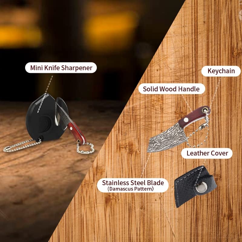 HAOXU Damascus Pocket Knife Set Mini Chef Knife with Sheath, Tiny Knife EDC Knives Small Knife Cleaver, Package Opener, Box Cutter Bottle Opener Keychain Tiny Things with Pocket Knife Sharpener - Set of 7 - Image 3
