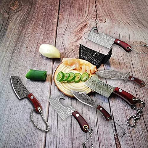 HAOXU Damascus Pocket Knife Set Mini Chef Knife with Sheath, Tiny Knife EDC Knives Small Knife Cleaver, Package Opener, Box Cutter Bottle Opener Keychain Tiny Things with Pocket Knife Sharpener - Set of 7 - Image 5