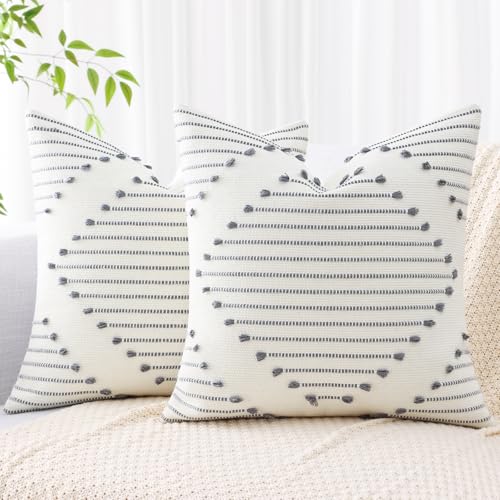 Mecatny Boho Outdoor Throw Pillow Covers 18X18 Set of 2 Farmhouse Decorative Summer Pillow Covers for Couch Sofa Living Room Grey  Cream White