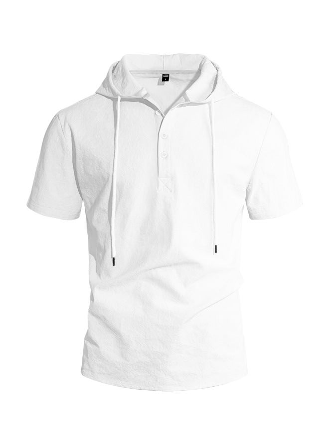New Men's Wear Linen Short Sleeve Beach Casual Hooded Shirt Short Sleeve Solid Color Shirt T-shirt