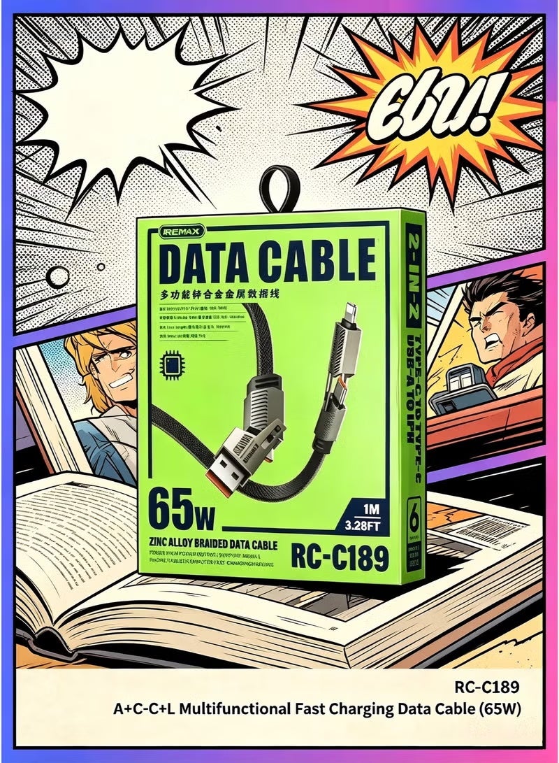 REMAX RC-C189 2-in-2 Multifunctional Fast Charging Data Cable 65W, USB-A & USB-C to USB-C/Lightning, 2-in-1 Charging Cable for Phones, Tablets, Power Banks & Compatible Devices, Durable Black Cable - Image 4