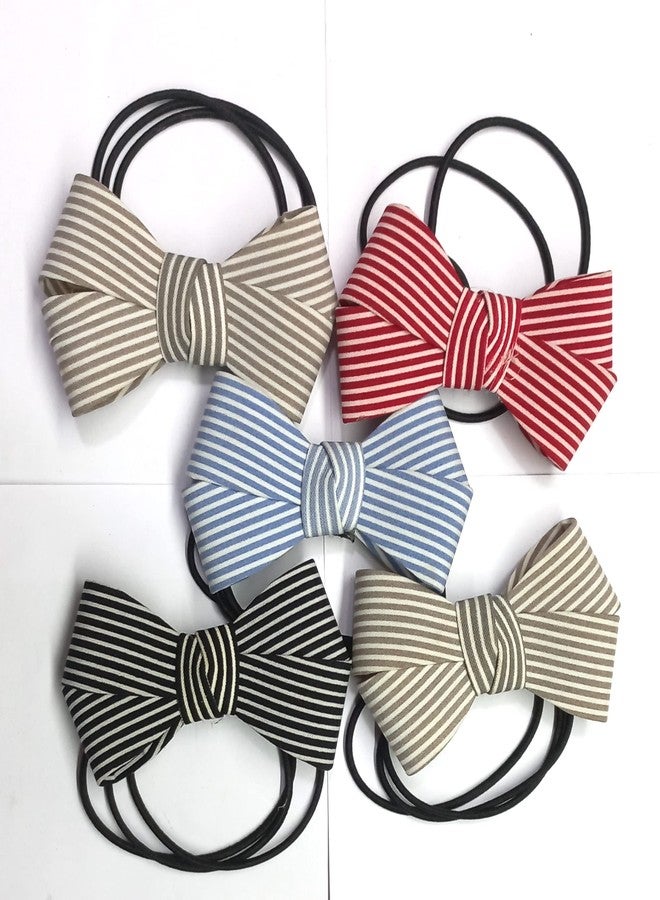 OMX 5 PC, Multi Women's Ponytail Holder with Fabric Bow Check Design Hair Elastic Rubber Bands - Image 1
