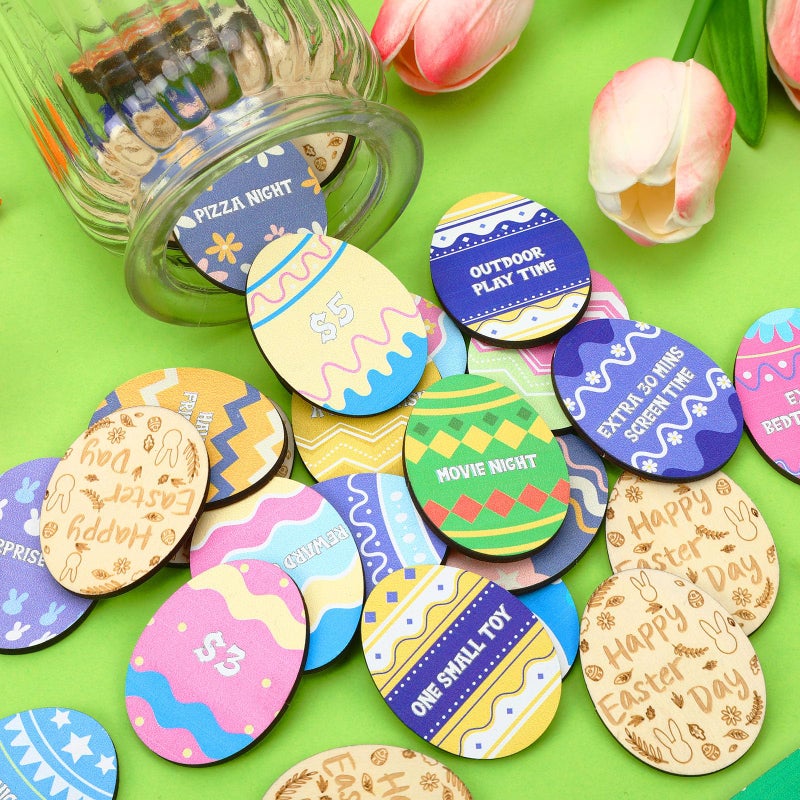 CypherX Easter Egg Fillers â€“ 30 Wooden Easter Reward Tokens, Redeemable Easter Egg Prizes, Candy-Free Family Rewards, Colorful Easter Egg Hunt Activities, Reusable Easter Basket Stuffers - Image 2